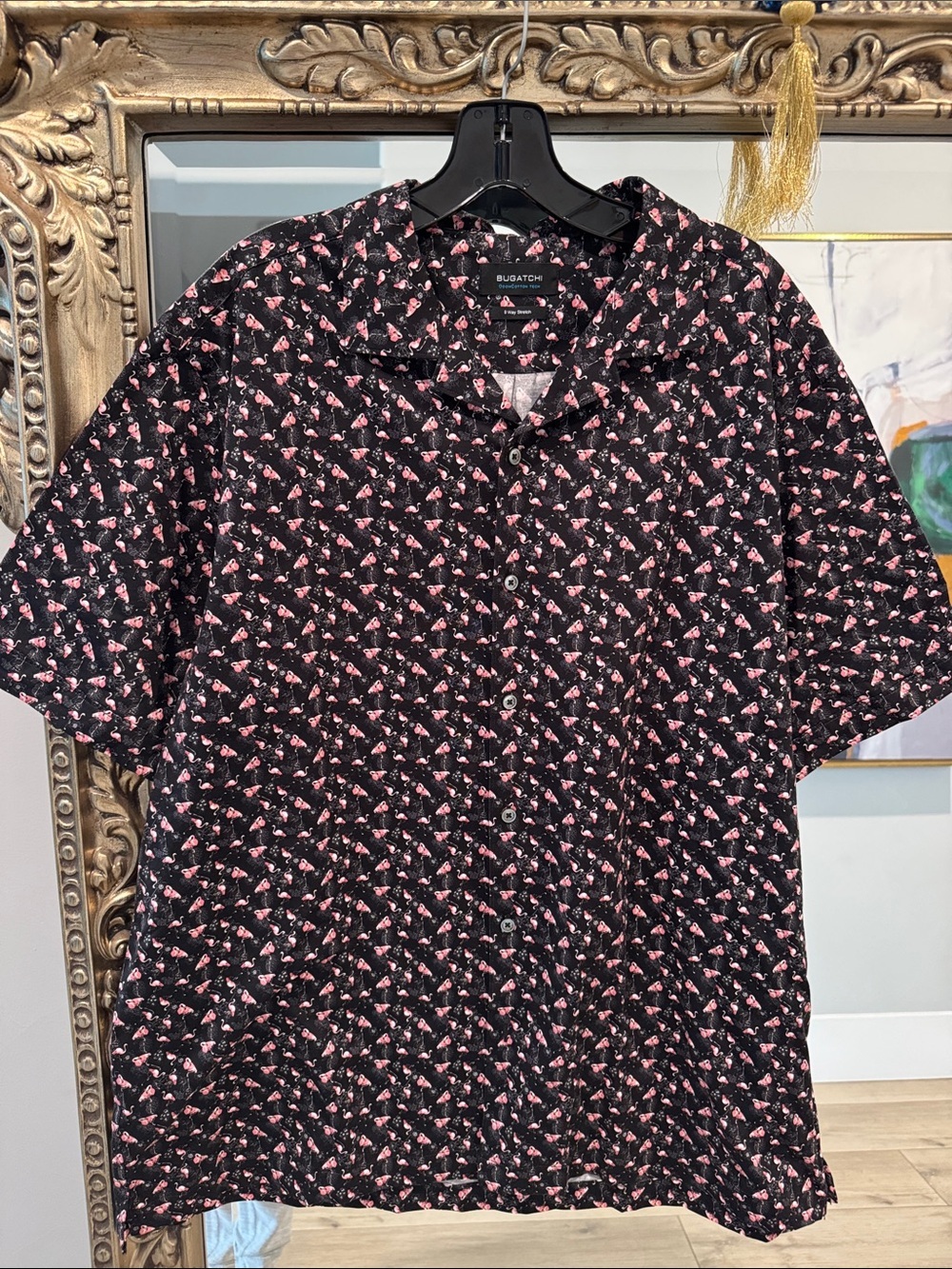 Bugatchi Black Short-Sleeve Button-Down with Pink Flamingo Print